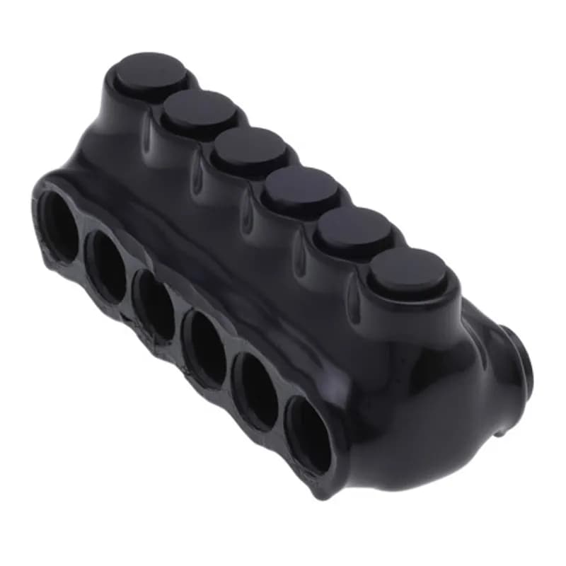 The Polaris IPLD2-6 Multi-Tap Dual-Sided Entry Black Connector features 6 ports sized for 2 AWG - 14 AWG wires. The body is made from aluminum alloy wrapped in a layer of plastisol insulation. Each dual-sided port is pre-loaded with an oxide inhibitor, with removable access plugs over the hex screws used to tighten the connections. Installs with a hex key and torque wrench, without any tape or additional supplies. Designed for use in a wide range of splicing applications, including installation in cable trays, panel boards, ducts, raceways or troughs.