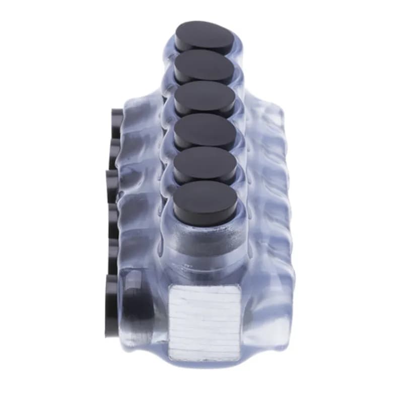 The Polaris IPLD2-6CB Multi-Tap Dual-Sided Entry Vision Tap Connector features 6 ports sized for 2 AWG - 14 AWG wires. The clear body allows users to see their conductor placement and is wrapped in a layer of plastisol insulation. Each dual-sided port is pre-loaded with an oxide inhibitor, with removable access plugs over the hex screws used to tighten the connections. Installs with a hex key and torque wrench, without any tape or additional supplies. Designed for use in a wide range of splicing applications, including installation in cable trays, panel boards, ducts, raceways or troughs.