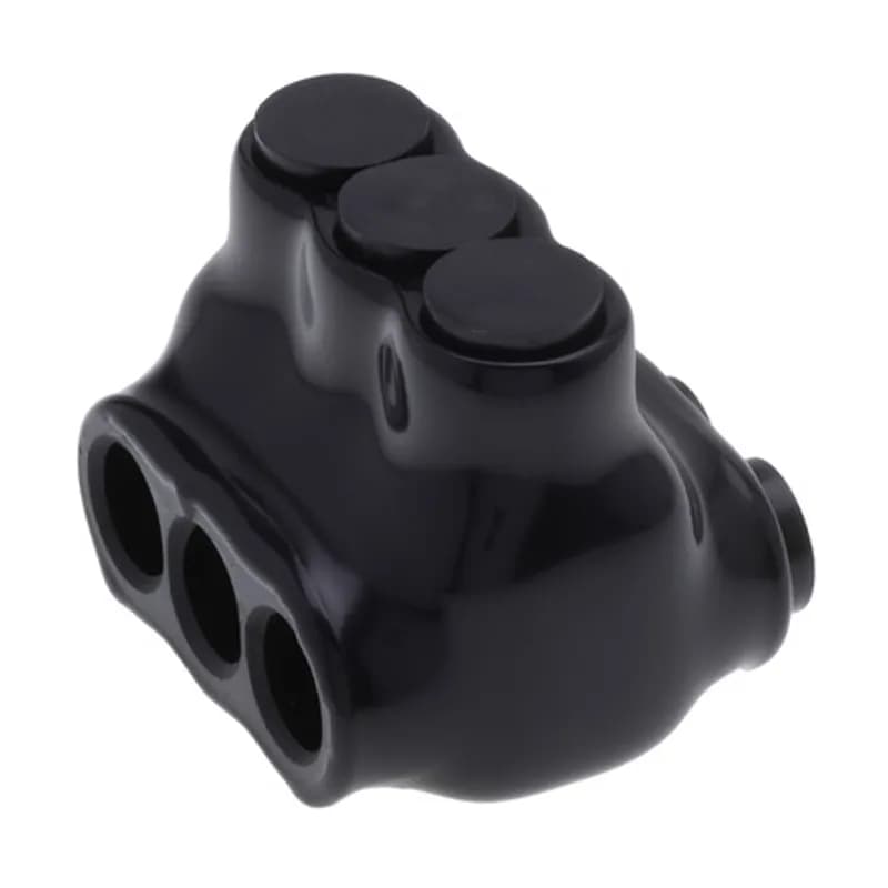The Polaris IPLD4-3 Multi-Tap Dual-Sided Entry Black Connector features 3 ports sized for 4 AWG - 14 AWG wires. The body is made from aluminum alloy wrapped in a layer of plastisol insulation. Each dual-sided port is pre-loaded with an oxide inhibitor, with removable access plugs over the hex screws used to tighten the connections. Installs with a hex key and torque wrench, without any tape or additional supplies. Designed for use in a wide range of splicing applications, including installation in cable trays, panel boards, ducts, raceways or troughs.