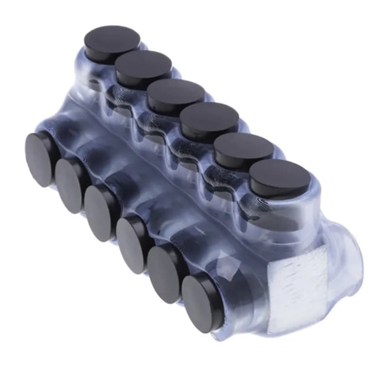 The Polaris IPLD2-6C Multi-Tap Dual-Sided Entry Vision Tap Connector features 6 ports sized for 2 AWG - 14 AWG wires. The clear body allows users to see their conductor placement and is wrapped in a layer of plastisol insulation. Each dual-sided port is pre-loaded with an oxide inhibitor, with removable access plugs over the hex screws used to tighten the connections. Installs with a hex key and torque wrench, without any tape or additional supplies. Designed for use in a wide range of splicing applications, including installation in cable trays, panel boards, ducts, raceways or troughs.
