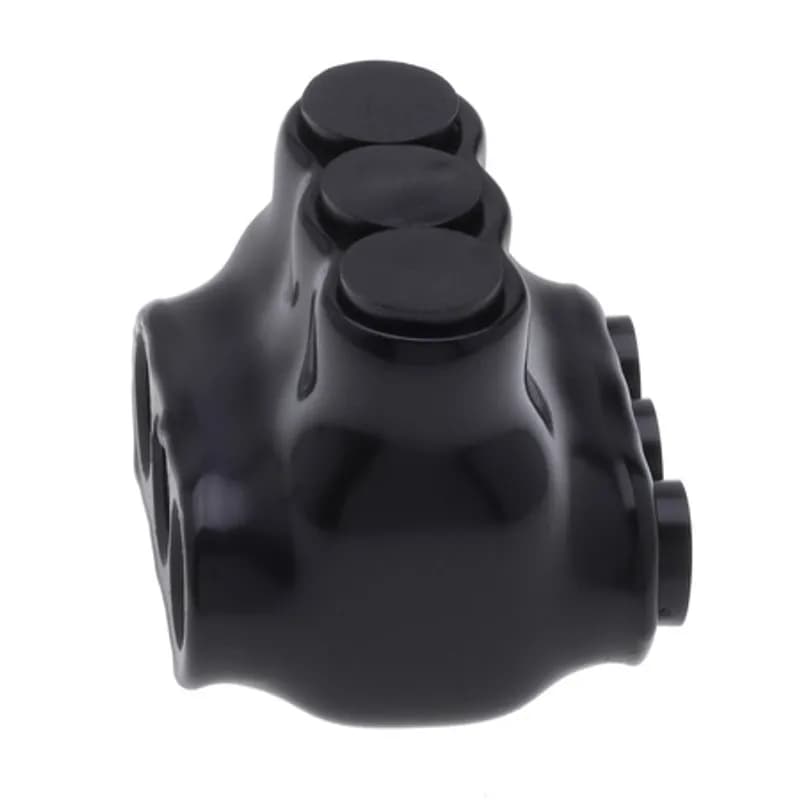 The Polaris IPLD4-3B Multi-Tap Dual-Sided Entry Black Connector features 3 ports sized for 4 AWG - 14 AWG wires. The body is made from aluminum alloy wrapped in a layer of plastisol insulation. Each dual-sided port is pre-loaded with an oxide inhibitor, with removable access plugs over the hex screws used to tighten the connections. Installs with a hex key and torque wrench, without any tape or additional supplies. Designed for use in a wide range of splicing applications, including installation in cable trays, panel boards, ducts, raceways or troughs.