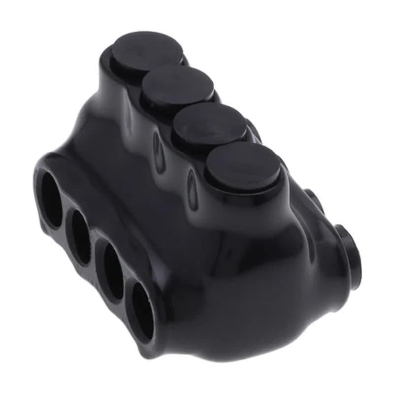 The Polaris IPLD4-4 Multi-Tap Dual-Sided Entry Black Connector features 4 ports sized for 4 AWG - 14 AWG wires. The body is made from aluminum alloy wrapped in a layer of plastisol insulation. Each dual-sided port is pre-loaded with an oxide inhibitor, with removable access plugs over the hex screws used to tighten the connections. Installs with a hex key and torque wrench, without any tape or additional supplies. Designed for use in a wide range of splicing applications, including installation in cable trays, panel boards, ducts, raceways or troughs.