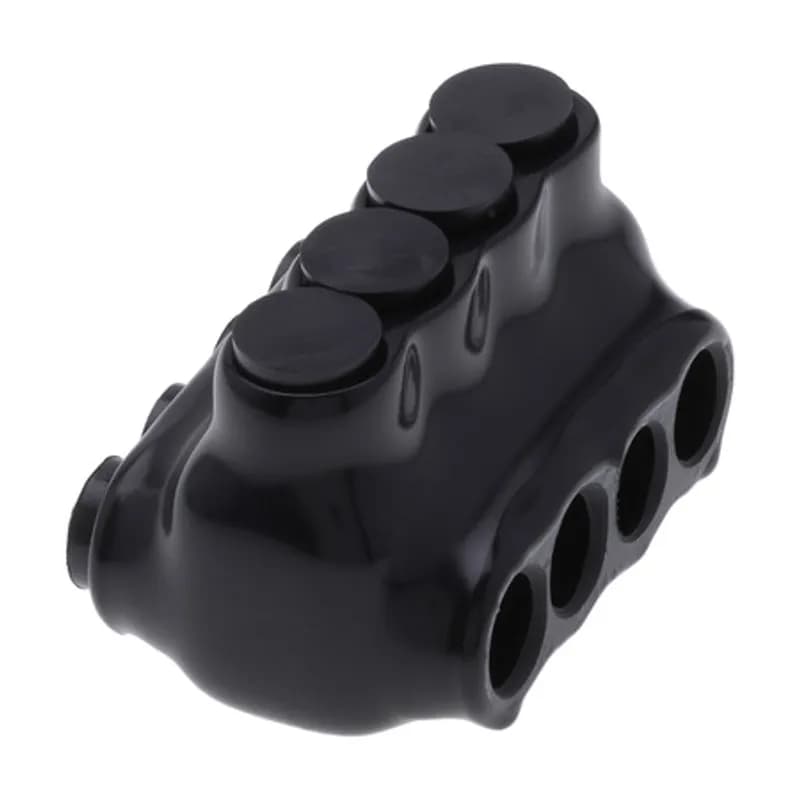 The Polaris IPLD4-4B Multi-Tap Dual-Sided Entry Black Connector features 4 ports sized for 4 AWG - 14 AWG wires. The body is made from aluminum alloy wrapped in a layer of plastisol insulation. Each dual-sided port is pre-loaded with an oxide inhibitor, with removable access plugs over the hex screws used to tighten the connections. Installs with a hex key and torque wrench, without any tape or additional supplies. Designed for use in a wide range of splicing applications, including installation in cable trays, panel boards, ducts, raceways or troughs.