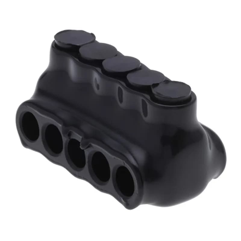 The Polaris IPLD4-5 Multi-Tap Dual-Sided Entry Black Connector features 5 ports sized for 4 AWG - 14 AWG wires. The body is made from aluminum alloy wrapped in a layer of plastisol insulation. Each dual-sided port is pre-loaded with an oxide inhibitor, with removable access plugs over the hex screws used to tighten the connections. Installs with a hex key and torque wrench, without any tape or additional supplies. Designed for use in a wide range of splicing applications, including installation in cable trays, panel boards, ducts, raceways or troughs.
