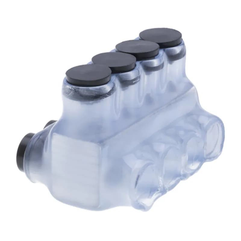 The Polaris IPLD4-4CB Multi-Tap Dual-Sided Entry Vision Tap Connector features 4 ports sized for 4 AWG - 14 AWG wires. The clear body allows users to see their conductor placement and is wrapped in a layer of plastisol insulation. Each dual-sided port is pre-loaded with an oxide inhibitor, with removable access plugs over the hex screws used to tighten the connections. Installs with a hex key and torque wrench, without any tape or additional supplies. Designed for use in a wide range of splicing applications, including installation in cable trays, panel boards, ducts, raceways or troughs.