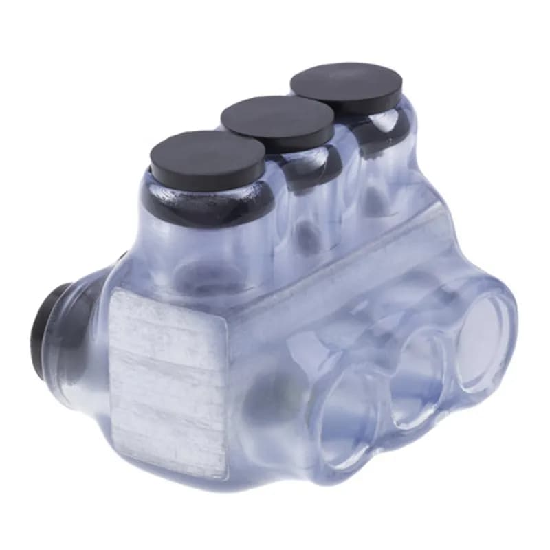 The Polaris IPLD4-3CB Multi-Tap Dual-Sided Entry Vision Tap Connector features 3 ports sized for 4 AWG - 14 AWG wires. The clear body allows users to see their conductor placement and is wrapped in a layer of plastisol insulation. Each dual-sided port is pre-loaded with an oxide inhibitor, with removable access plugs over the hex screws used to tighten the connections. Installs with a hex key and torque wrench, without any tape or additional supplies. Designed for use in a wide range of splicing applications, including installation in cable trays, panel boards, ducts, raceways or troughs.