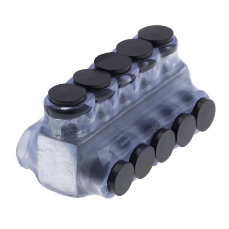 The Polaris IPLD4-5CB Multi-Tap Dual-Sided Entry Vision Tap Connector features 5 ports sized for 4 AWG - 14 AWG wires. The clear body allows users to see their conductor placement and is wrapped in a layer of plastisol insulation. Each dual-sided port is pre-loaded with an oxide inhibitor, with removable access plugs over the hex screws used to tighten the connections. Installs with a hex key and torque wrench, without any tape or additional supplies. Designed for use in a wide range of splicing applications, including installation in cable trays, panel boards, ducts, raceways or troughs.