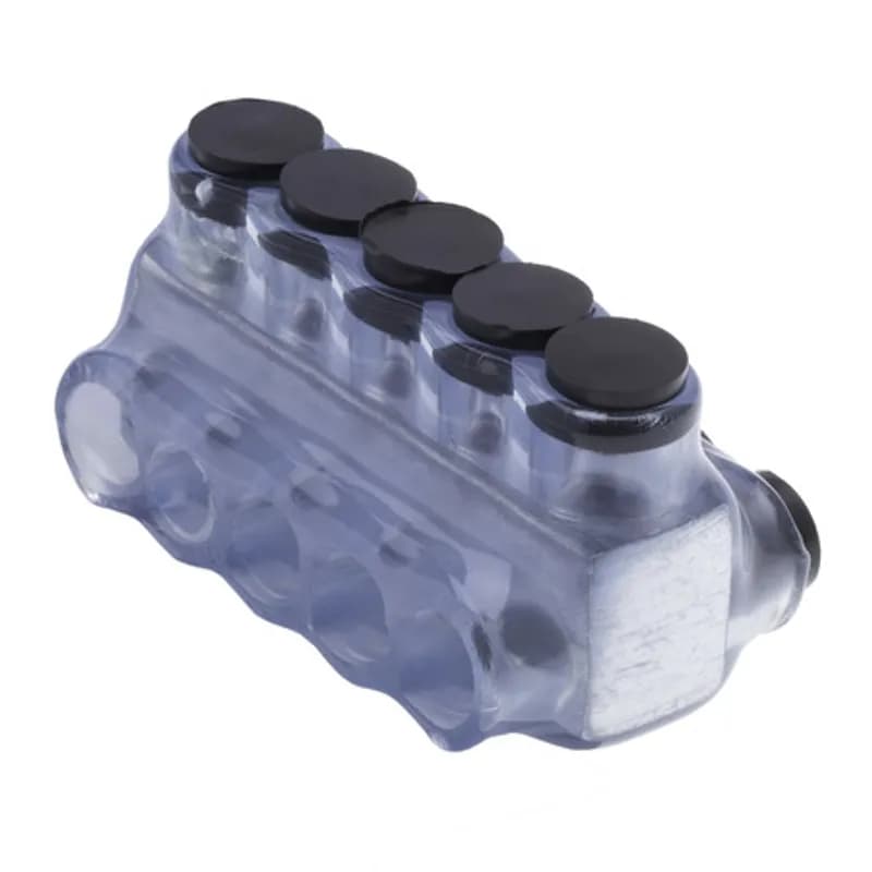 The Polaris IPLD4-5C Multi-Tap Dual-Sided Entry Vision Tap Connector features 5 ports sized for 4 AWG - 14 AWG wires. The clear body allows users to see their conductor placement and is wrapped in a layer of plastisol insulation. Each dual-sided port is pre-loaded with an oxide inhibitor, with removable access plugs over the hex screws used to tighten the connections. Installs with a hex key and torque wrench, without any tape or additional supplies. Designed for use in a wide range of splicing applications, including installation in cable trays, panel boards, ducts, raceways or troughs.