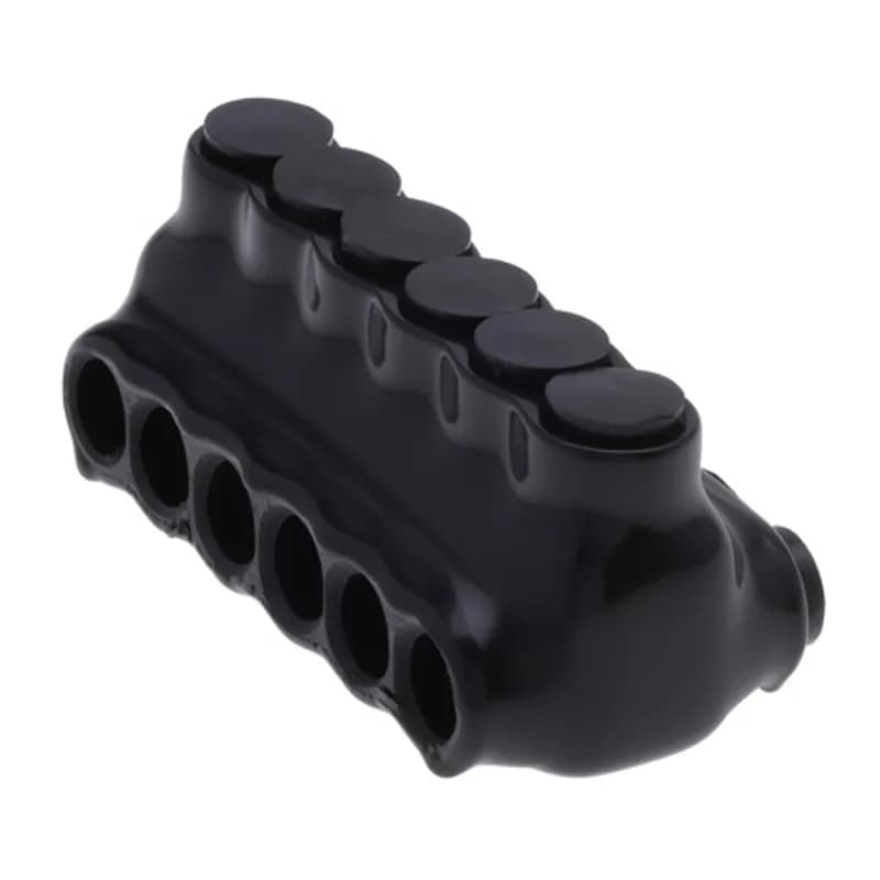 The Polaris IPLD4-6 Multi-Tap Dual-Sided Entry Black Connector features 6 ports sized for 4 AWG - 14 AWG wires. The body is made from aluminum alloy wrapped in a layer of plastisol insulation. Each dual-sided port is pre-loaded with an oxide inhibitor, with removable access plugs over the hex screws used to tighten the connections. Installs with a hex key and torque wrench, without any tape or additional supplies. Designed for use in a wide range of splicing applications, including installation in cable trays, panel boards, ducts, raceways or troughs.