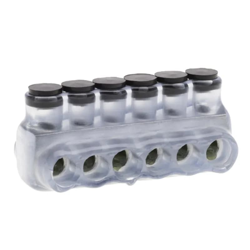 The Polaris IPLD4-6CB Multi-Tap Dual-Sided Entry Vision Tap Connector features 6 ports sized for 4 AWG - 14 AWG wires. The clear body allows users to see their conductor placement and is wrapped in a layer of plastisol insulation. Each dual-sided port is pre-loaded with an oxide inhibitor, with removable access plugs over the hex screws used to tighten the connections. Installs with a hex key and torque wrench, without any tape or additional supplies. Designed for use in a wide range of splicing applications, including installation in cable trays, panel boards, ducts, raceways or troughs.