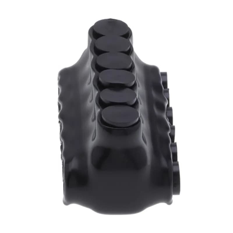 The Polaris IPLD4-6B Multi-Tap Dual-Sided Entry Black Connector features 6 ports sized for 4 AWG - 14 AWG wires. The body is made from aluminum alloy wrapped in a layer of plastisol insulation. Each dual-sided port is pre-loaded with an oxide inhibitor, with removable access plugs over the hex screws used to tighten the connections. Installs with a hex key and torque wrench, without any tape or additional supplies. Designed for use in a wide range of splicing applications, including installation in cable trays, panel boards, ducts, raceways or troughs.