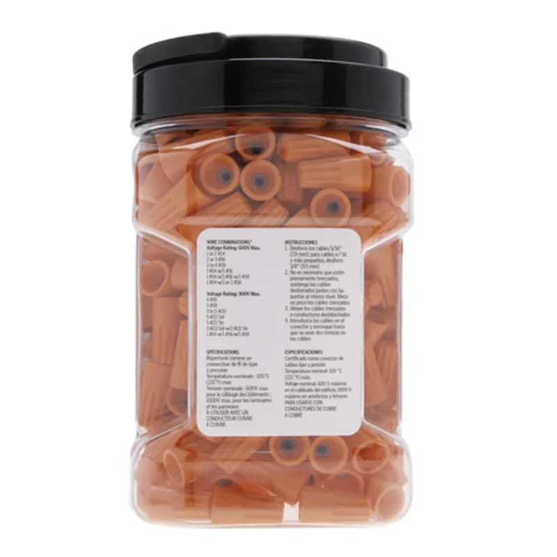 NSI Industries WC-O-SJ1 - The Easy-Twist WC-O-SJ 250-Count Jar of Standard-Style Orange Wire Connectors are designed for use on copper wires in the 22-14 AWG size range. Theyâ€™re made of flame-retardant thermoplastic rated for a maximum temperature of 105Ëš Celsius (221Ëš Fahrenheit). The quick-grip square spring design grips in fewer twists and can dead-end a single wire, while the ergonomic ribbed texture makes them easy to twist. Their compact design is useful for applications in tight areas or anywhere else you need to connect wires.