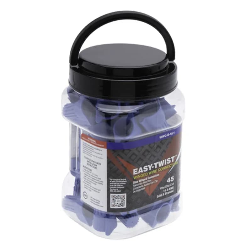NSI Industries WWC-B-SJ1 - The Easy-Twist WWC-B-SJ 45-Count Jar of Blue Winged Wire Connectors are designed for use on copper wires in the 14-6 AWG size range. Theyâ€™re made of flame-retardant thermoplastic rated for a maximum temperature of 105Ëš Celsius (221Ëš Fahrenheit). The quick-grip square spring design grips in fewer twists and can dead-end a single wire, while the ergonomic swept-back wing design and ribbed texture makes them easy to twist. Their compact design is useful for applications in tight areas or anywhere else you need to connect wires.