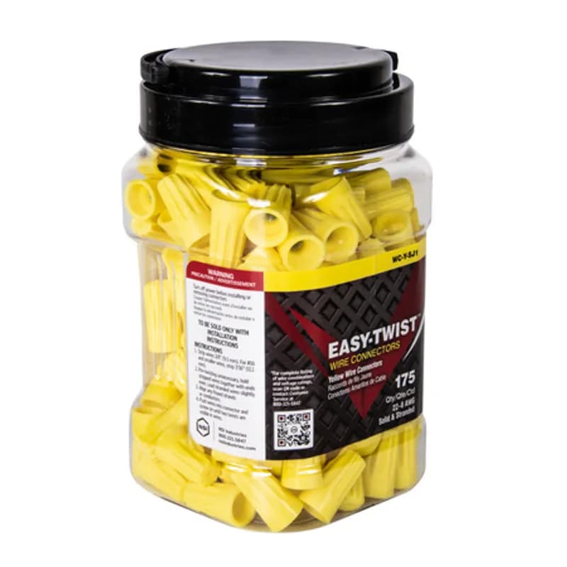 NSI Industries WC-Y-SJ1 - The Easy-Twist WC-Y-SJ 175-Count Jar of Standard-Style Yellow Wire Connectors are designed for use on copper wires in the 22-8 AWG size range. They’re made of flame-retardant thermoplastic rated for a maximum temperature of 105˚ Celsius (221˚ Fahrenheit). The quick-grip square spring design grips in fewer twists and can dead-end a single wire, while the ergonomic ribbed texture makes them easy to twist. Their compact design is useful for applications in tight areas or anywhere else you need to connect wires.