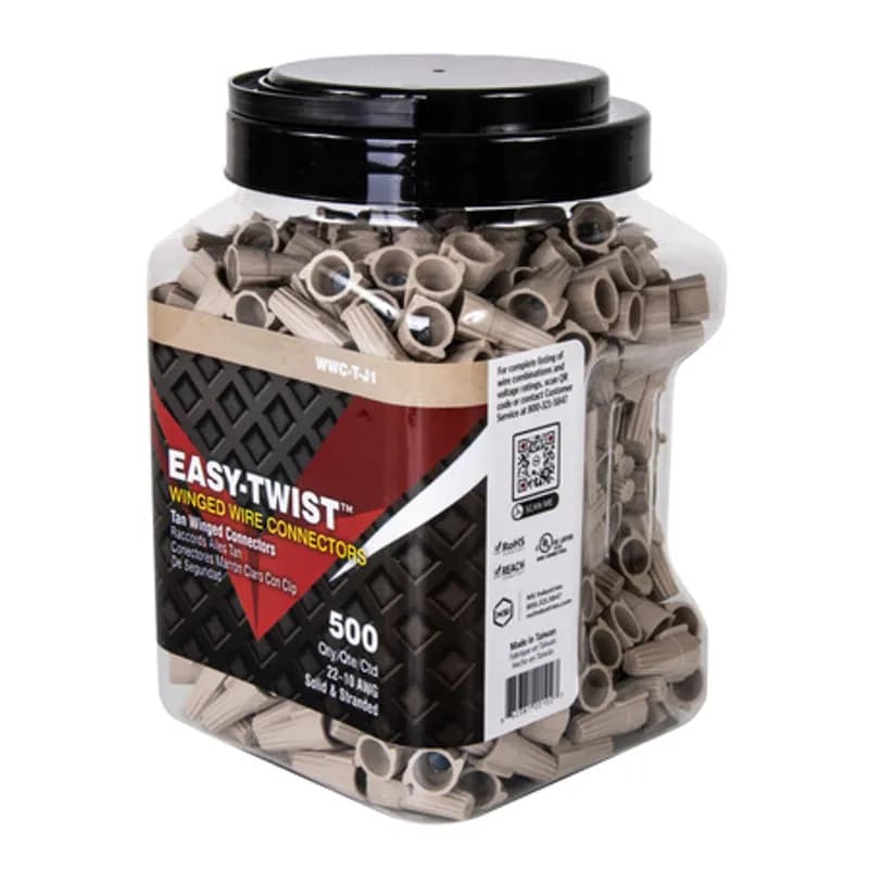 The Easy-Twist WWC-T-J1 500-Count Large Jar of Tan Winged Wire Connectors are designed for use on copper wires in the 22-10 AWG size range. They’re made of flame-retardant thermoplastic rated for a maximum temperature of 105˚ Celsius (221˚ Fahrenheit). The quick-grip square spring design grips in fewer twists and can dead-end a single wire, while the ergonomic swept-back wing design and ribbed texture makes them easy to twist. Their compact design is useful for applications in tight areas or anywhere else you need to connect wires.