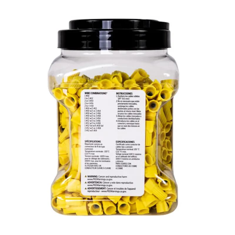 NSI Industries WWC-Y-J1 - The Easy-Twist WWC-Y-J1 500-Count Large Jar of Yellow Winged Wire Connectors are designed for use on copper wires in the 18-10 AWG size range. Theyâ€™re made of flame-retardant thermoplastic rated for a maximum temperature of 105Ëš Celsius (221Ëš Fahrenheit). The quick-grip square spring design grips in fewer twists and can dead-end a single wire, while the ergonomic swept-back wing design and ribbed texture makes them easy to twist. Their compact design is useful for applications in tight areas or anywhere else you need to connect wires.