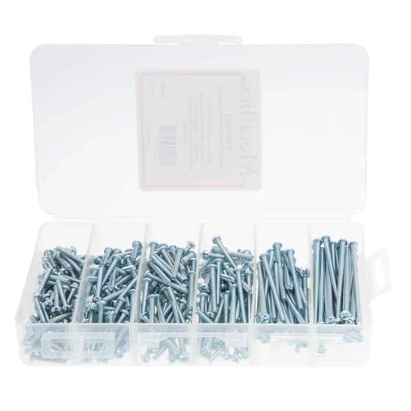 Machine Screw Kit, #8-32 Size, 370 piece(s), Steel material, Round head, Phillips/Slotted drive type, Zinc finish, Plastic box material, including a(n) (100) 1/2 in. Machine Screw, (75) 3/4 in. Machine Screw, (75) 1 in. Machine Screw, (50) 1-1/4 in. Machine Screw, (40) 1-1/2 in. Machine Screw, (30) 2 in. Machine Screw