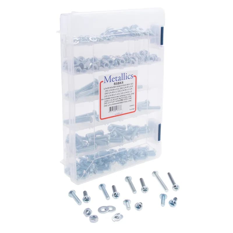 NSI Industries RSBK4 - Stove Bolt Kit, 324 piece(s), Steel material, Zinc Plated finish, Plastic box material, 1 per pack, including a(n) (100) 1/4-20 Hex Nuts and (50) 1/4 in. SAE Washers and (50) 1/4 in. Lock Washers and (35) 1/2 in. Bolt, (30) 3/4 in. Bolt, (20) 1 in. Bolt, (15) 1-1/4 in. Bolt, (12) 1-1/2 in. Bolt, (12) 2 in. Bolt