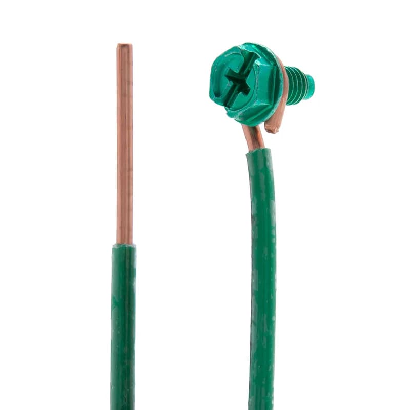 Grounding Pigtail with Screw, 7 in. length, Copper material, Slotted, Phillips, Dog Point Screw, Hex Washer included, Zinc Coated finish, 100 per box, #14 Size, Steel screw material