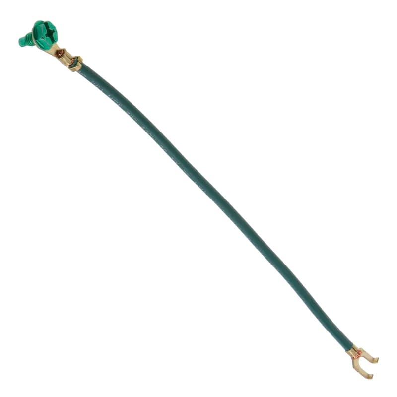 Grounding Pigtail with Screw, 7 in. length, Green, Copper material, Green insulation color, Slotted, Phillips, Dog Point Screw, Hex Washer included, Zinc Coated finish, 50 per box, #14 Size, Steel screw material