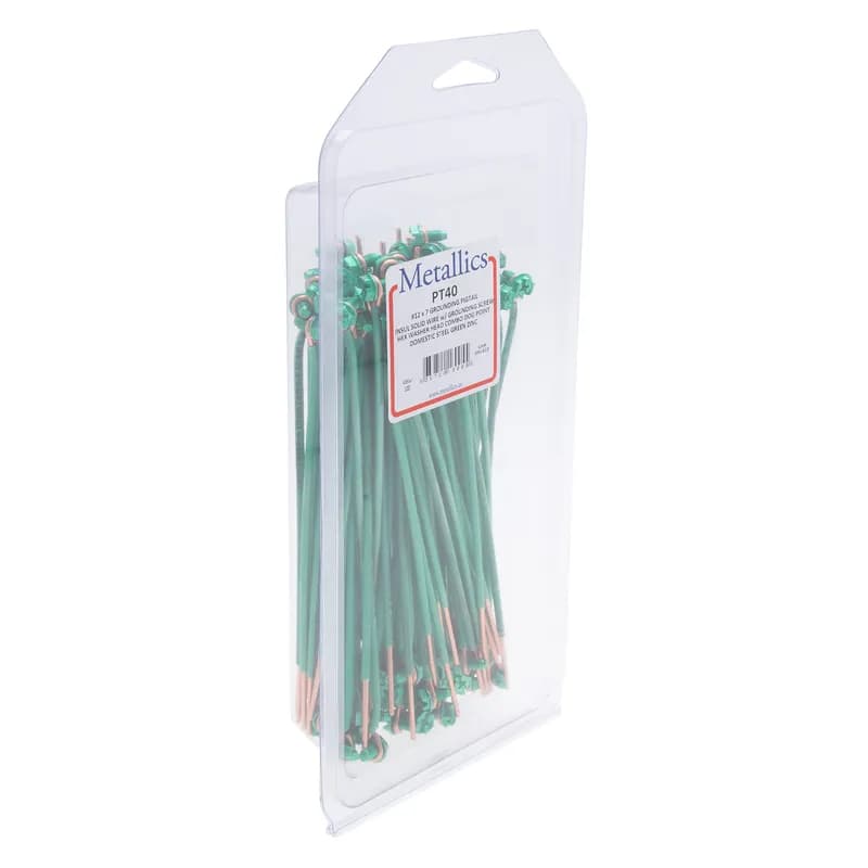 Grounding Pigtail with Screw, 7 in. length, Green, Copper material, Slotted, Phillips, Dog Point Screw, Hex Washer included, Zinc Coated finish, 100 per box, #12 Size, Steel screw material