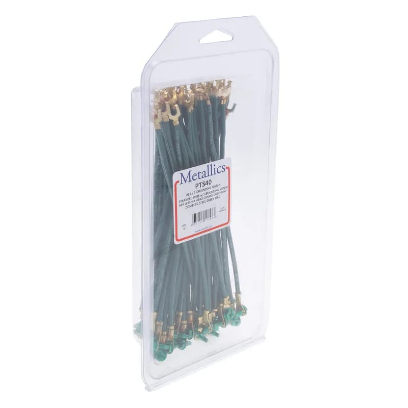 Grounding Pigtail with Screw, 7 in. length, Green, Copper material, Green insulation color, Slotted, Phillips, Dog Point Screw, Hex Washer included, Zinc Coated finish, 50 per box, #12 Size, Steel screw material