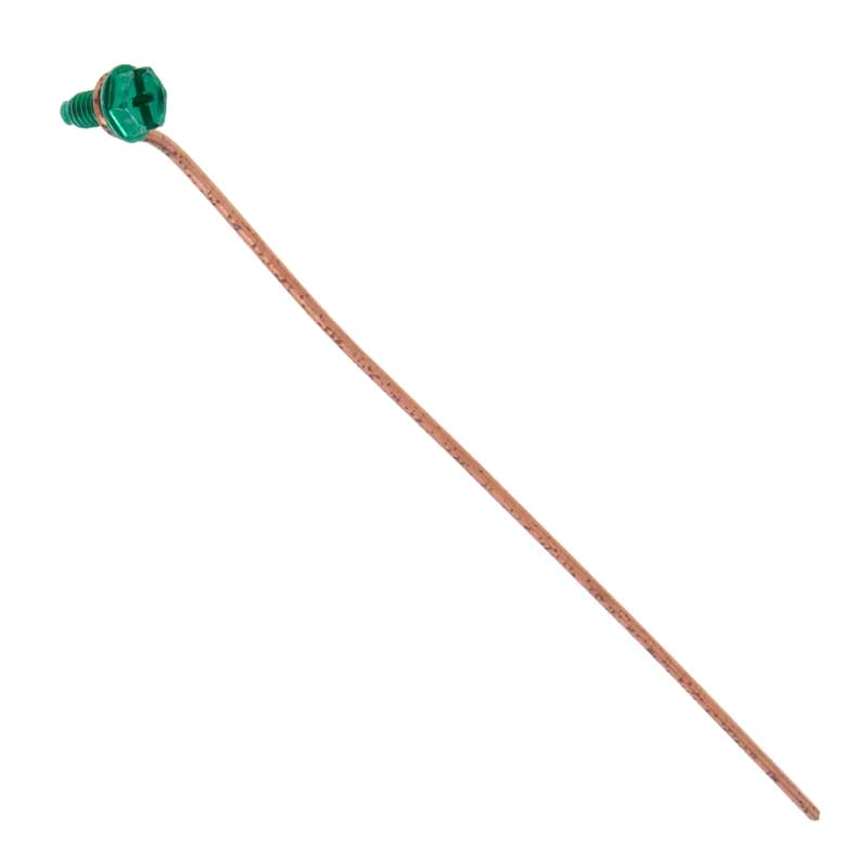 Grounding Pigtail with Screw, Bare Wire, 7 in. length, Green, Copper material, Slotted, Phillips, Dog Point Screw, Hex Washer included, Zinc Coated finish, 100 per box, #14 Size, Steel screw material