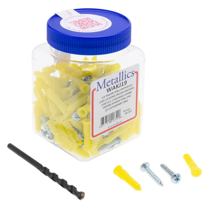 NSI Industries WAKJ19 - Wall Anchor Kit (Jar), 1/4 in. Size, 201 piece(s), Plastic, Super Yellow, including a(n) (100) #10 x 1 in. Pan Combo Screws and (100) 1/4 in. Super Yellow Plastic Anchors and (1) 1/4 in. Masonry Drill