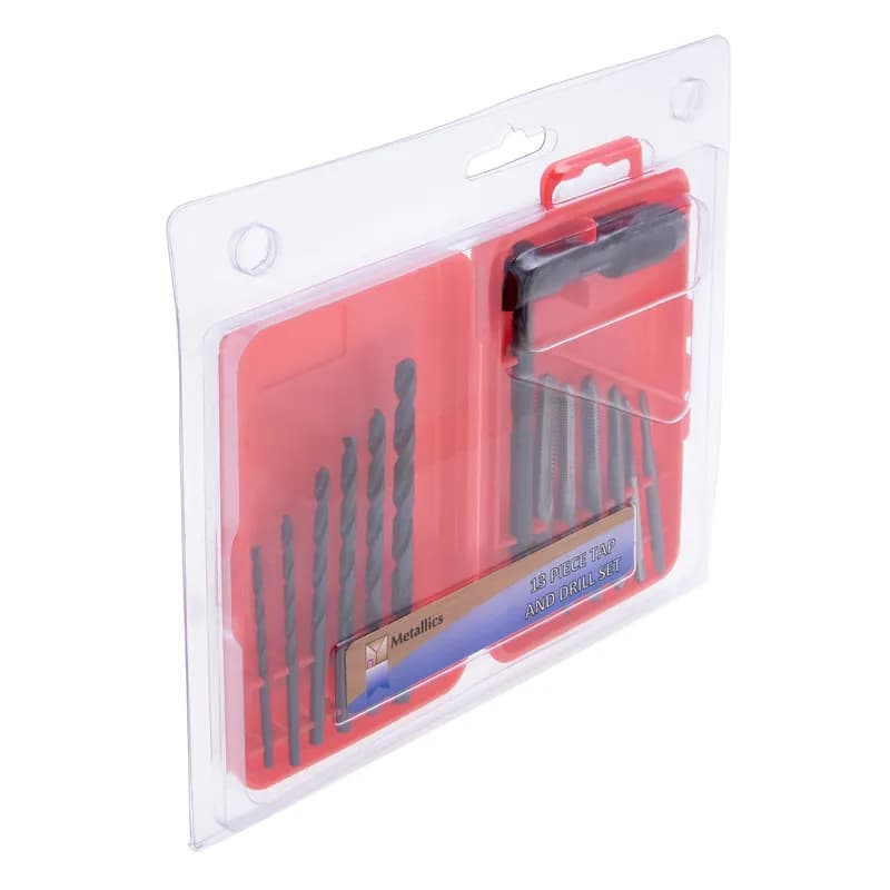 Tap and Drill Bit Set, 13 pieces, Steel construction, (6) Carbon Plug Taps,(6) HSS Twist Drills, T-Handle Wrench included, 0.44 lb. weight per package