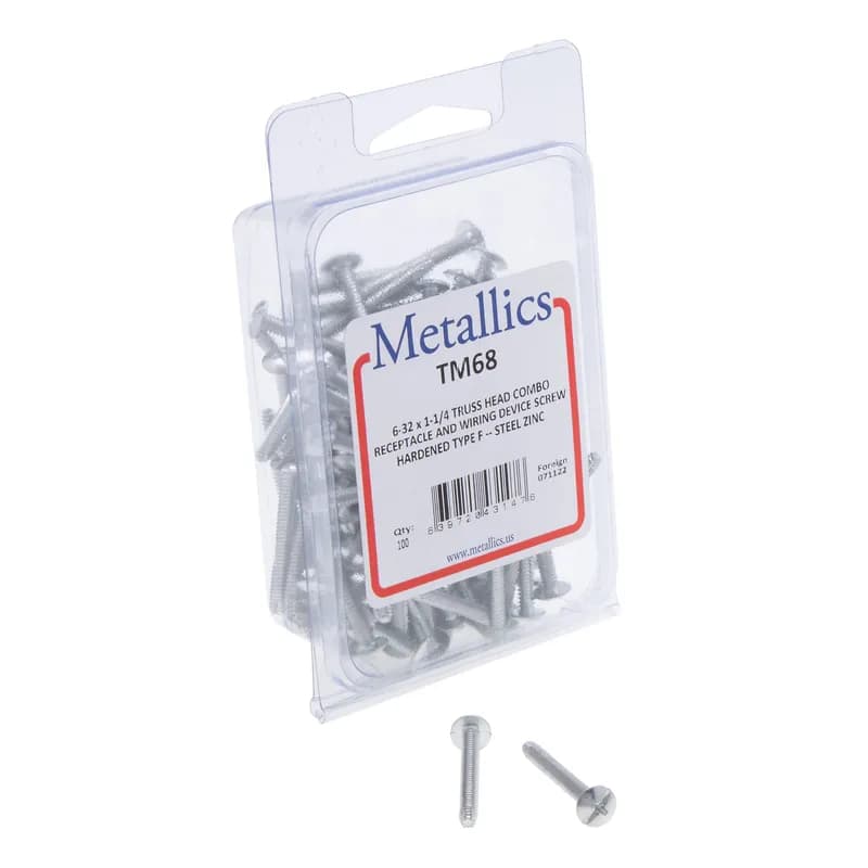 Truss Head Receptacle and Wiring Devices Screw, Type F, Steel material, #6-32 Size, 1-1/4 in. length, Zinc Plated finish, Phillips/Slotted drive type, 100 per pack