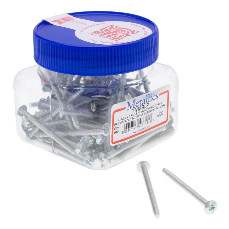 Truss Head Receptacle and Wiring Devices Screw, Lead Point, Steel material, #6-32 Size, 2 in. length, Zinc Plated finish, Phillips/Slotted drive type, 100 per pack