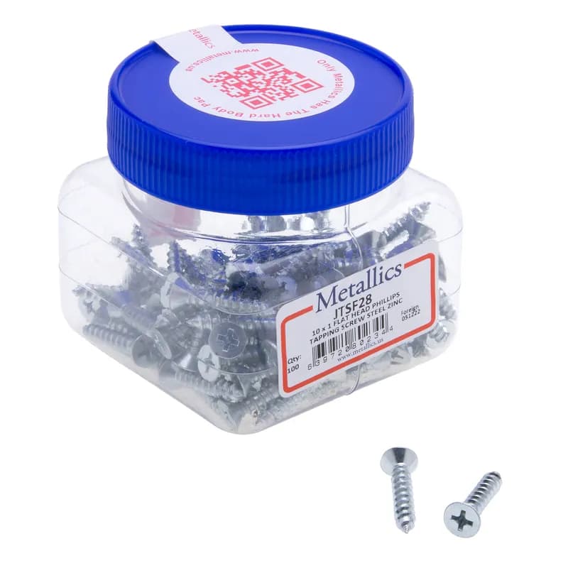Tapping Screw, Steel material, #10 Size, 1 in. length, Flat head, Zinc Chromate finish, Phillips drive type, 100 per pack