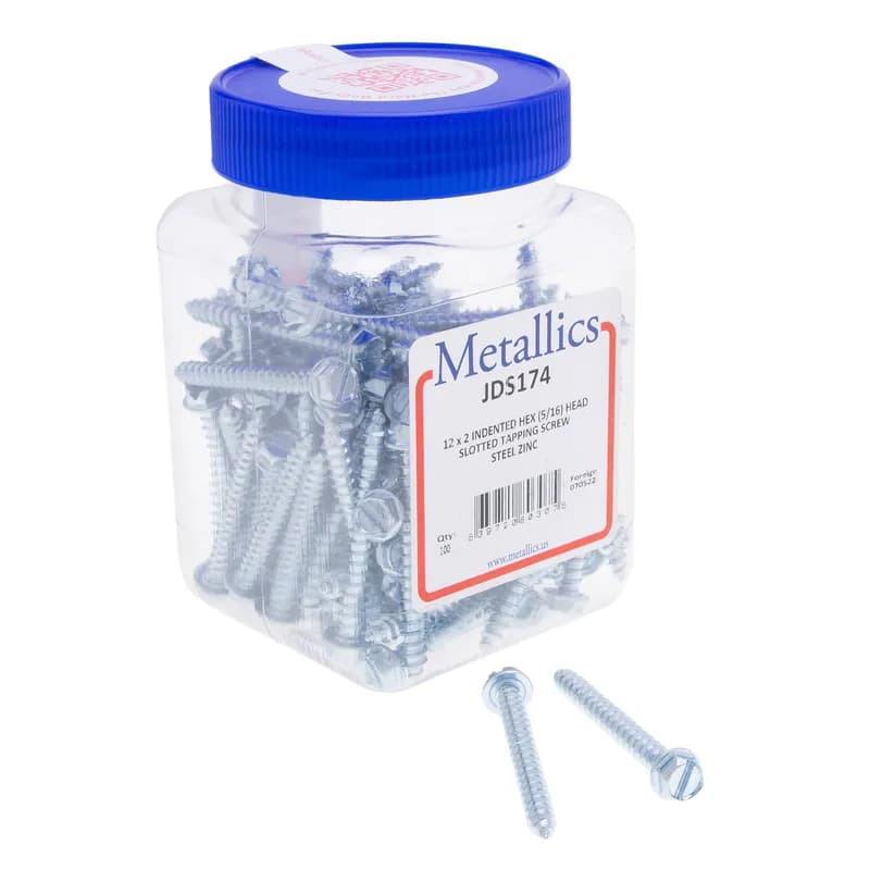 Sheet Metal Screw, Self Piercing, #12 size, 2 in. length, 5/16 in. head width, Hex head, Steel, Slotted drive type, Zinc Chromate finish, 100 per pack. For use with MT210B Chuck.