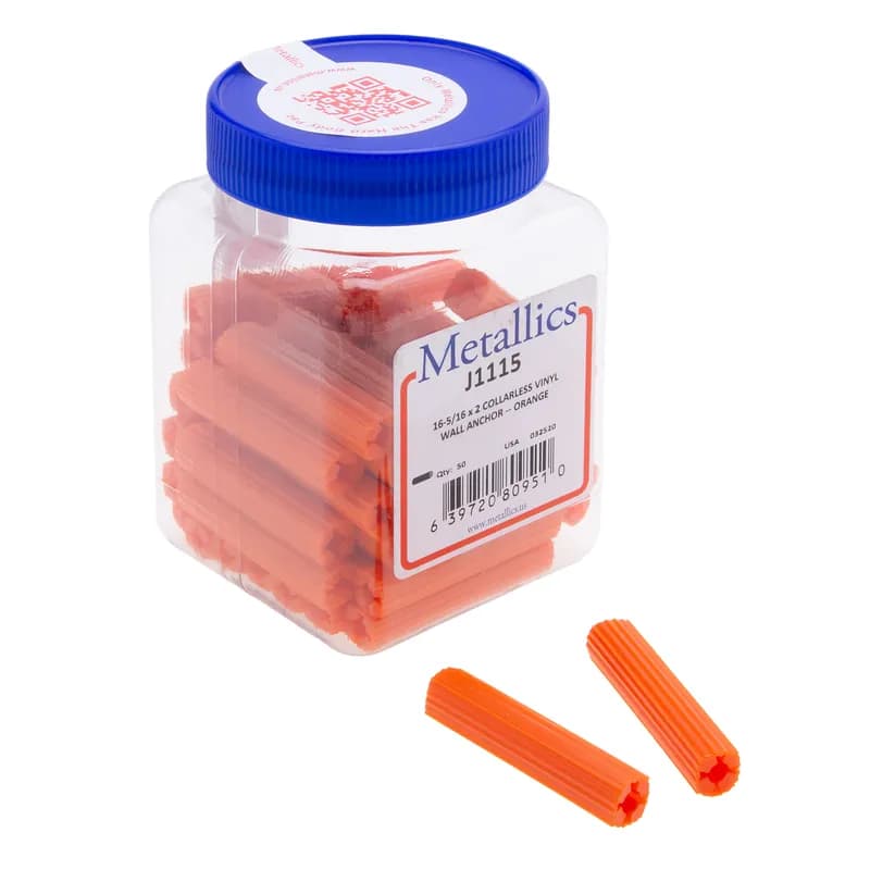 Collarless Vinyl Wall Anchor, 3/8 in. Size, 2 in. length, 5/16 in. screw size, 50 per pack, Orange
