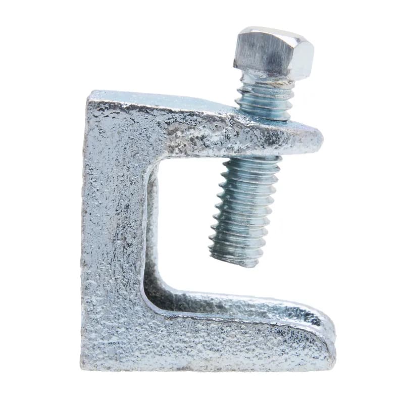 Beam Clamp, 3/8-16 in. size, Silver color, Malleable Iron material, 1-1/8 in. maximum jaw opening, 500 LBS maximum load, 10 per pack