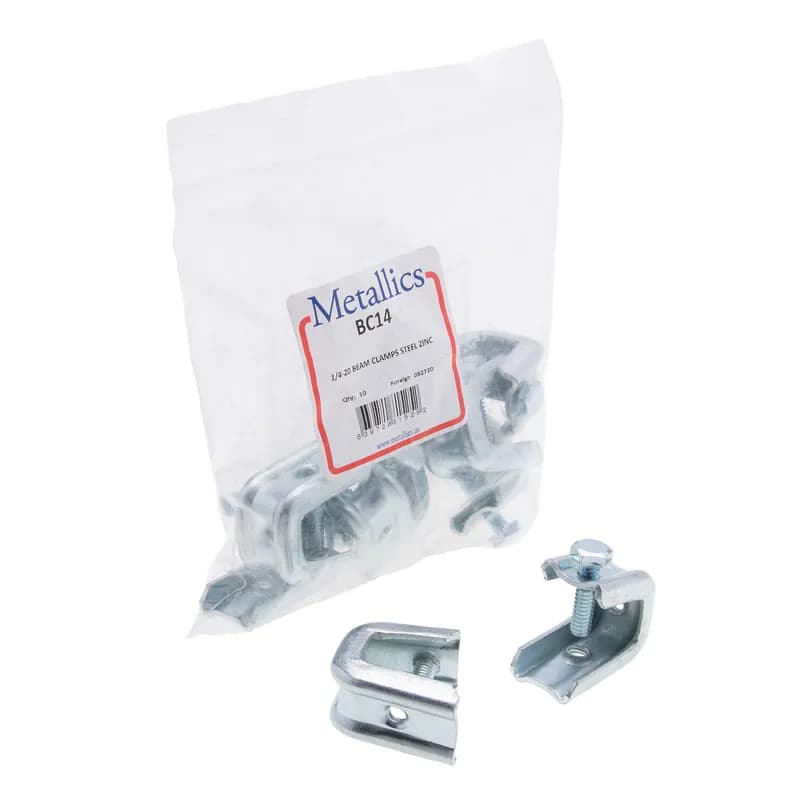Beam Clamp, 1/4-20 in. size, Silver color, Zinc Plated finish, Steel, 10 per pack