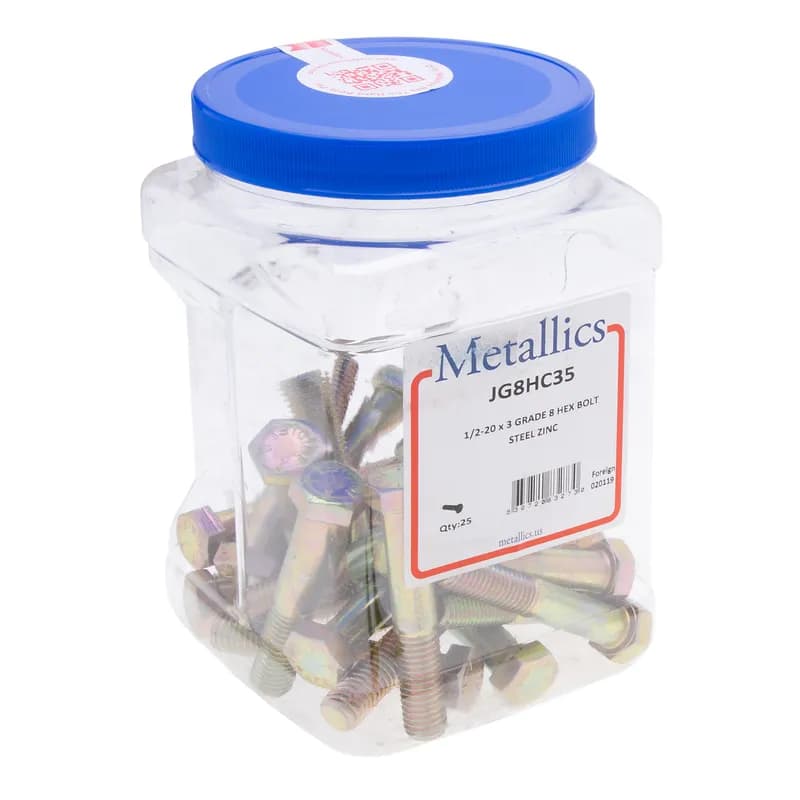 Bolt, 1/2-13 in. size, 3 in. length, Hex head, Grade 8, Zinc, 25 per pack