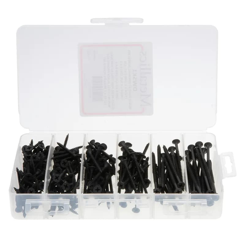 Bugle Head Self Piercing Phillips Drywall Screw Kit, Fine thread, Black Phosphate, 1 per pack, including (75) 6 in. × 1 IN, (50) 6 in. × 1-1/4 IN, (40) 6 in. × 1-5/8 IN, (30) 6 in. × 2 IN, (20) 8 in. × 2-1/2 IN, (20) 8 in. × 3 IN, (1) #2 in. × 2 IN