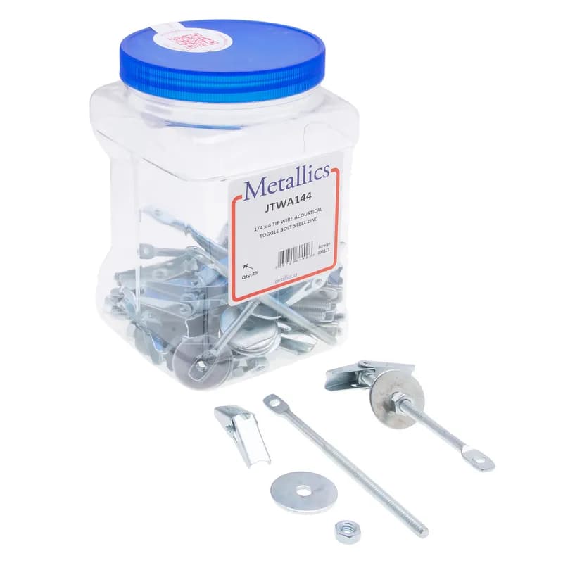 Tie Wire Acoustical Toggle bolt, Steel material, Zinc Chromate finish, 4 in. length, 1/4 x 4 in. Size, 1/4 in. diameter, Right Hand thread, Hex Nut, 5/8 in. hole size, 1/4 in. eye size, 50 per pack