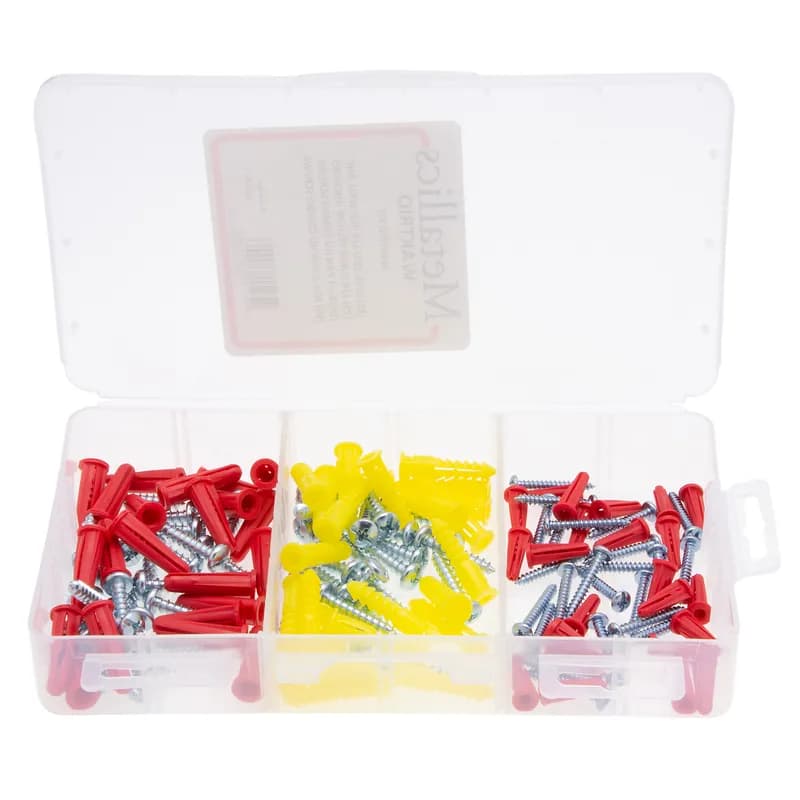 Wall Anchor Kit, 150 piece(s), Plastic, Phillips drive type, including a(n) (25) #6 x 1 in. Pan Combo Screws and (25) 3/16 in. Red Plastic Anchors and (50) #10 x 1 in. Pan Combo Screws and (25) 1/4 in. Super Yellow Plastic Anchors and (25) 1/4 in. Red Plastic Anchors, All in An E-Z to Store Plastic Case