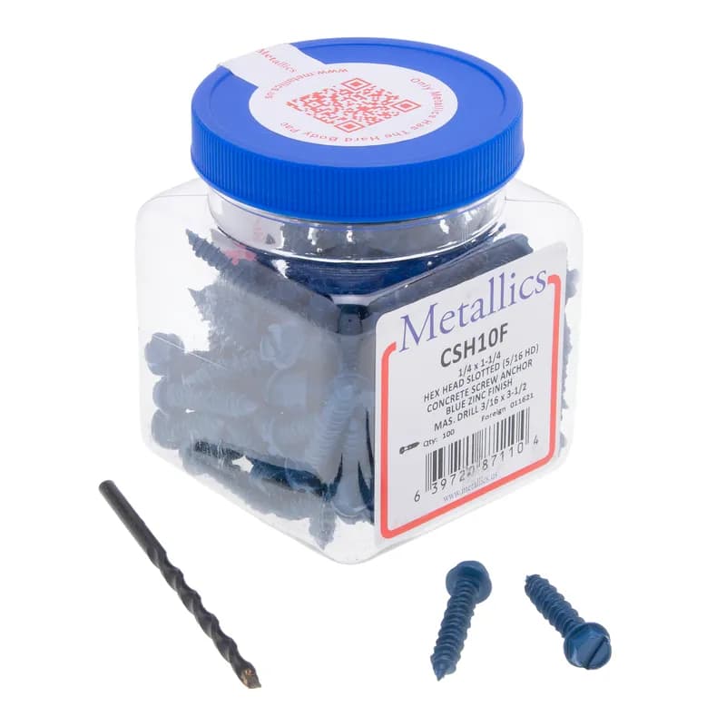 Tapping Screw, 1/4 in. Size, 1-1/4 in. length, 5/16 in. head width, Hex head, Blue head color, CD5 drill stock number, Slotted drive type, 100 per pack