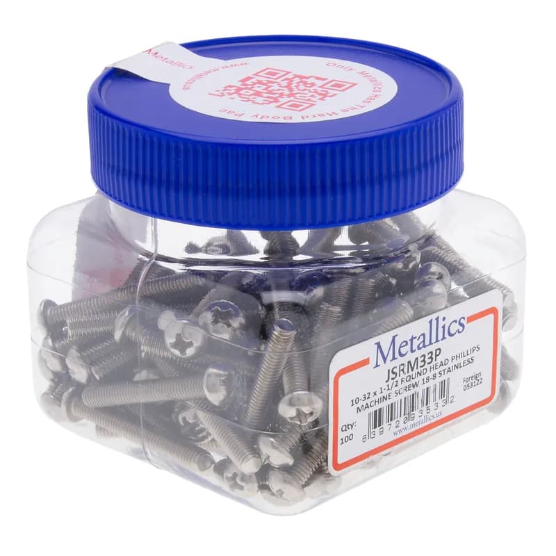 Machine Screw, Stainless Steel material, #10-32 Size, 1-1/2 in. length, Round head, Phillips drive type, 100 per pack, 18-8 grade