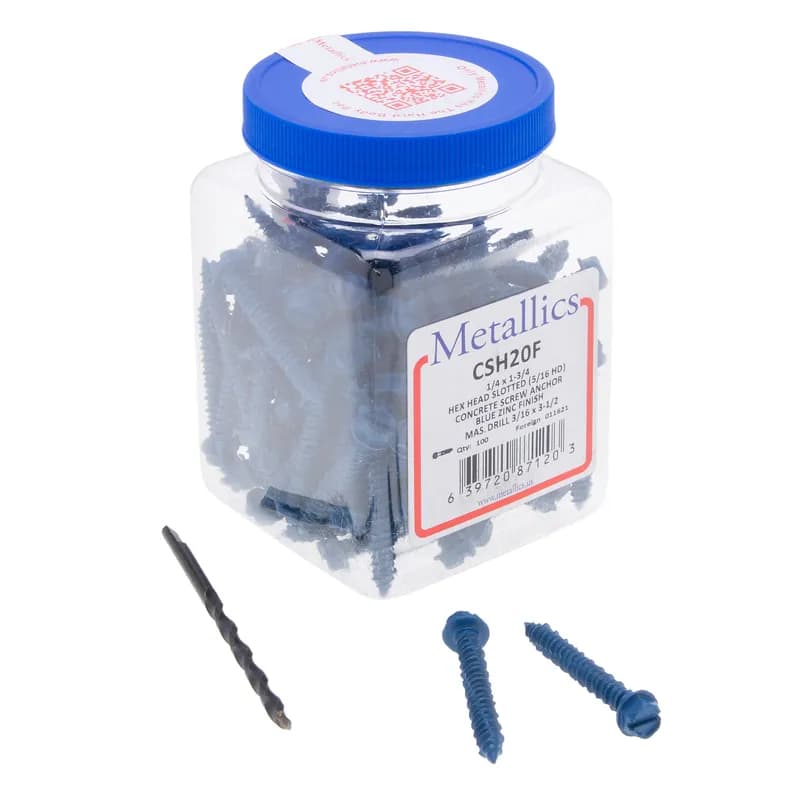 Tapping Screw, 1/4 in. Size, 1-3/4 in. length, 5/16 in. head width, Hex head, Blue head color, CD5 drill stock number, Slotted drive type, 100 per pack