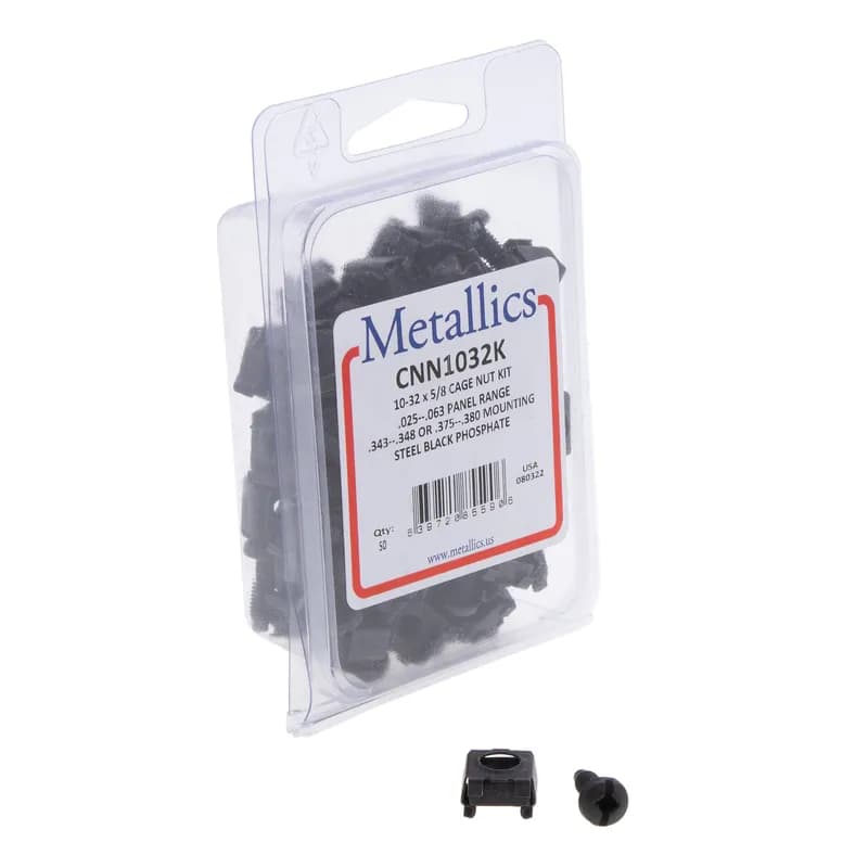 NSI Industries CNN1032K - Cage Nut Kit, #10-32 Size, 50 piece(s), 5/8 in. length, Pan head, Slotted/Phillips/Square drive type, Lead Point, Black Phosphate finish, including a(n) #10-32 Cage Nuts and #10-32 x 5/8 in. Pan Head Screw. For use with Telecom Cabinets, Relay Racks and Patch Panels KIT