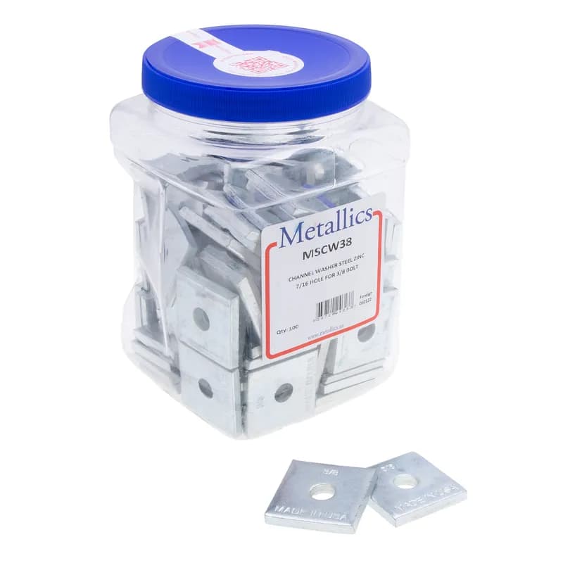 Square Channel Washer, Steel, Zinc Plated finish, 3/8 in. bolt sizes, 7/16 in. inside diameter, 100 per pack