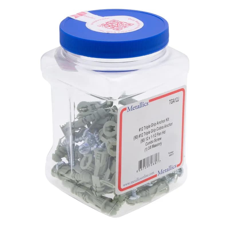 Triple Grip, Triple Grip Anchor, 3/8 x 4 in. drill size, #12 screw size, 1-1/2 in. thread length, Pan head, Metal material, 50 per jar, Phillips drive type. For use with 3/8 IN, 1/2 IN, 5/8 in. Drywall Screws, Brick, Concrete, Plaster.