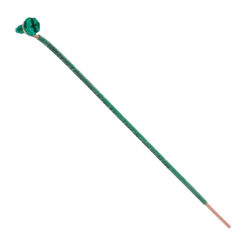 Grounding Pigtail with Screw, 8 in. length, Green, Copper material, Slotted, Phillips, Dog Point Screw, Hex Washer included, Zinc Coated finish, 100 per pack, #12 Size, Steel screw material