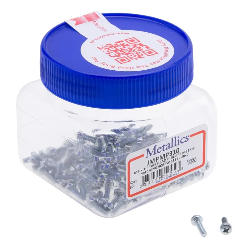 Metric Pan Head Phillips Machine Screw, Steel material, M3 x 0.5 Size, 10 mm. length, Zinc finish, 100 per pack