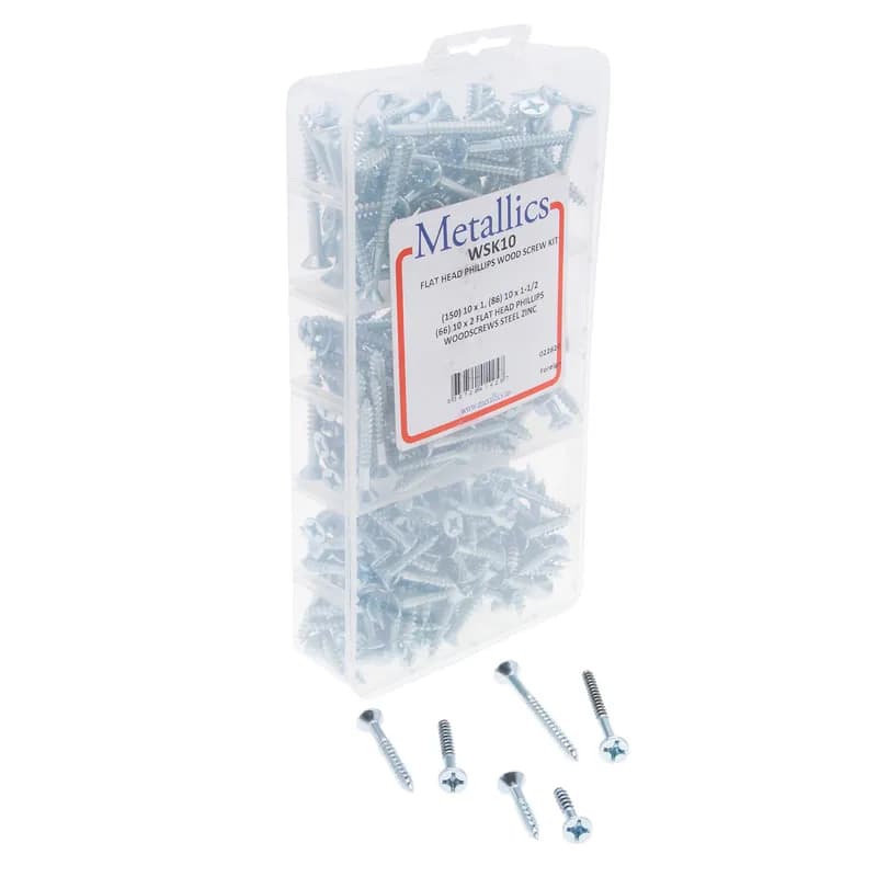 NSI Industries WSK10 - Wood Screw Kit, #10 size, 322 pieces, Steel, Flat head, Phillips drive type, Zinc finish, Contains: (150) #10 × 1 in., (86) #10 × 1-1/2 in., (86) #10 × 2 in. Flat Head Phillips Wood Screws
