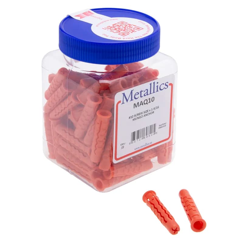 Mungo ® , Quattro Nylon Plug, 1-9/16 in. length, #10 screw size, Polyamide material, PA6 grade, 100 per pack, MQ series. For use with For Use in. All Kinds of Building Materials.